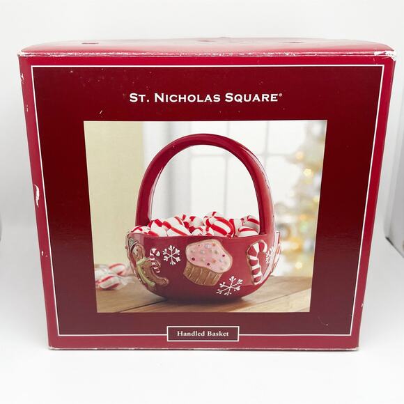 New in Box St. Nicholas Square Red Ceramic Christmas Candy Bowl Handled Basket - Picture 1 of 4